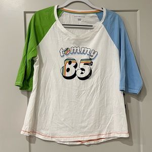Tommy Hilfiger 85 Rainbow Graphic Tee Mismatched 3/4 Sleeves
